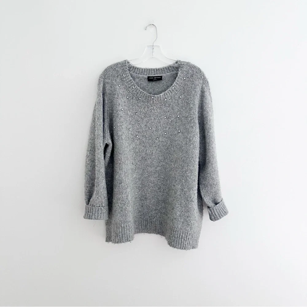 Lane Bryant Gray Rhinestone Embellished Crew Neck Sweater Women Size 18/20